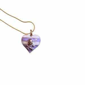Gold Heart Pendant Necklace with Lavender Enamel and Skull Accent